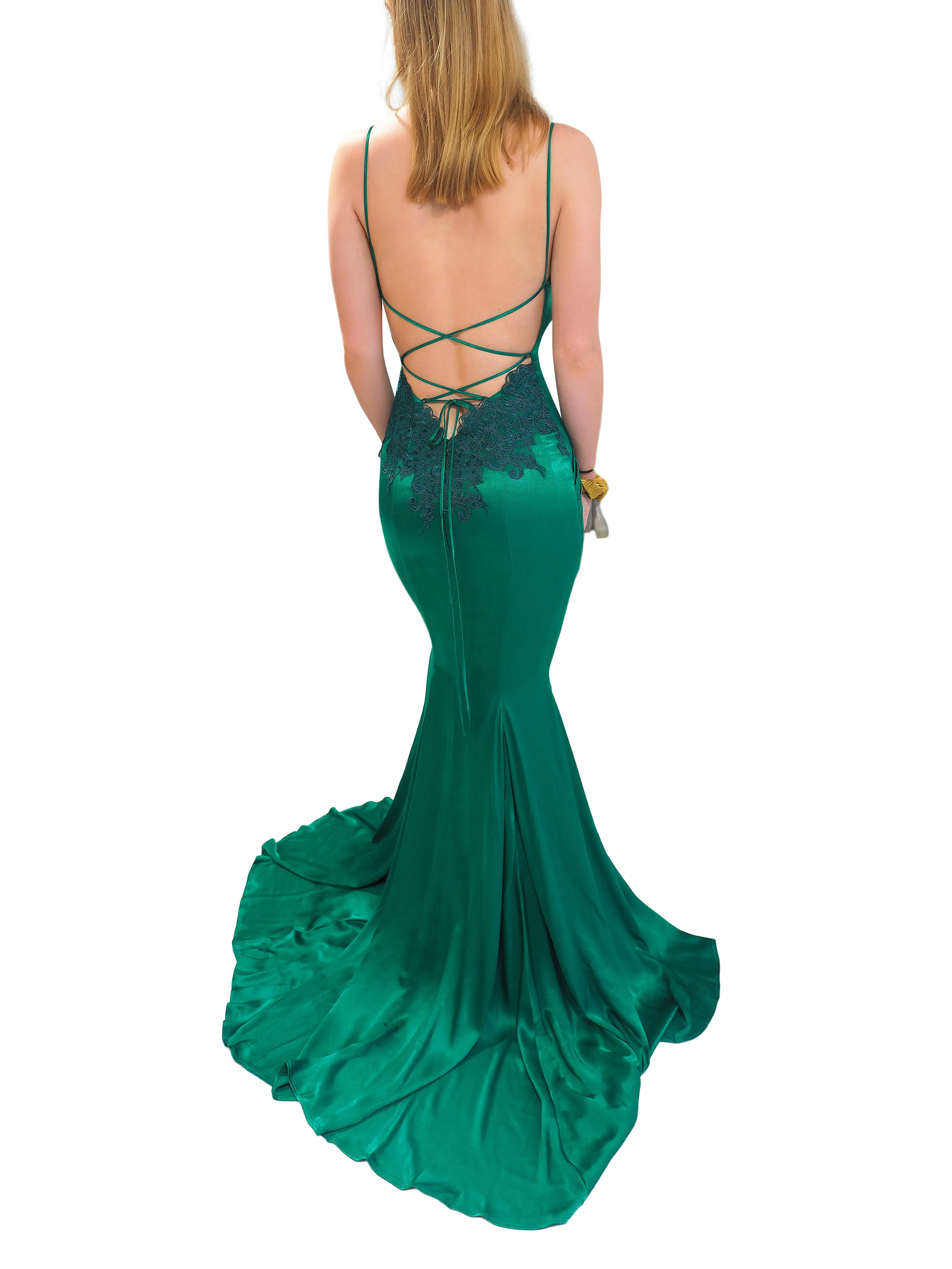 Rachel emerald green satin mermaid dress with cris-cross back