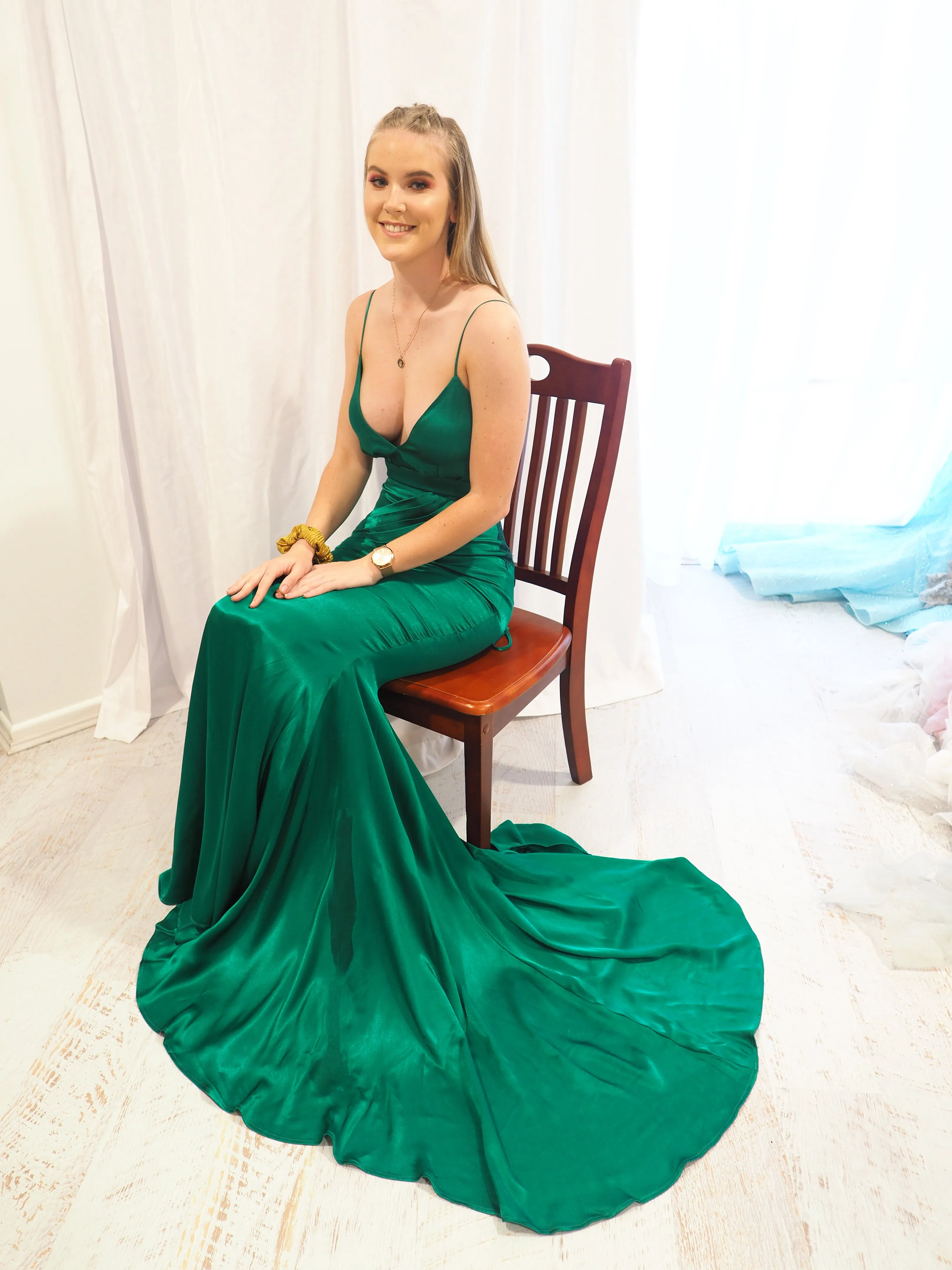 Rachel emerald green satin mermaid dress with cris-cross back