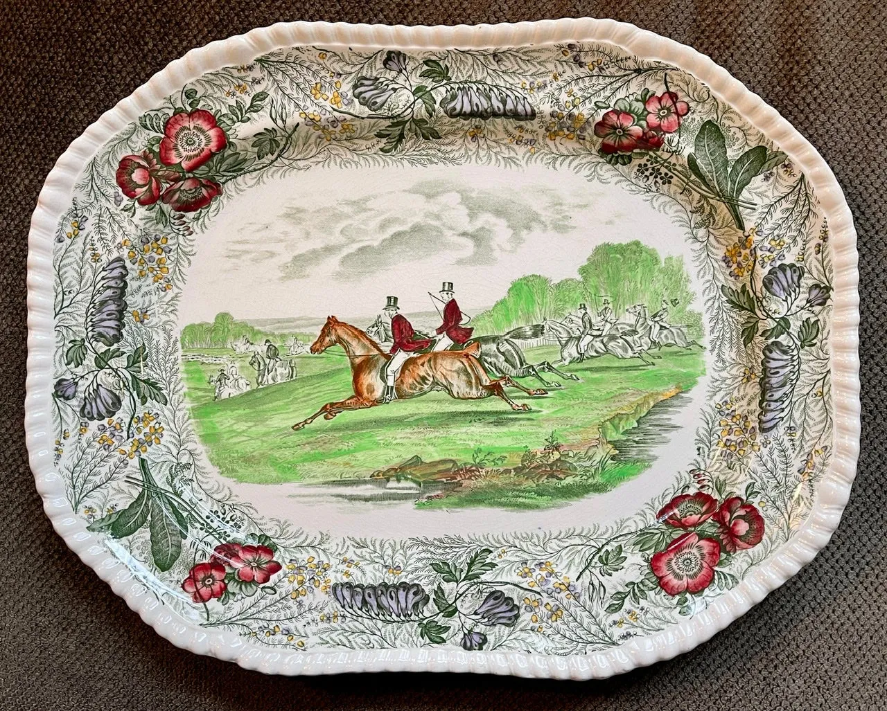 RARE Green Polychrome LG Transferware Platter English Hunt Scene Spode Copeland Field Sports