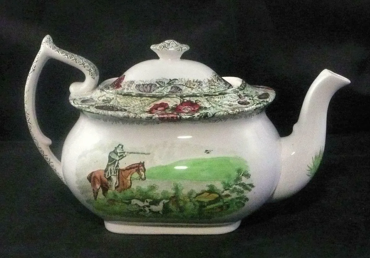 RARE Green Polychrome Transferware Teapot English Hunt Scene Spode Copeland Field Sports