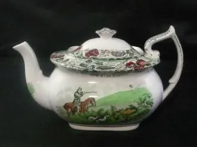 RARE Green Polychrome Transferware Teapot English Hunt Scene Spode Copeland Field Sports