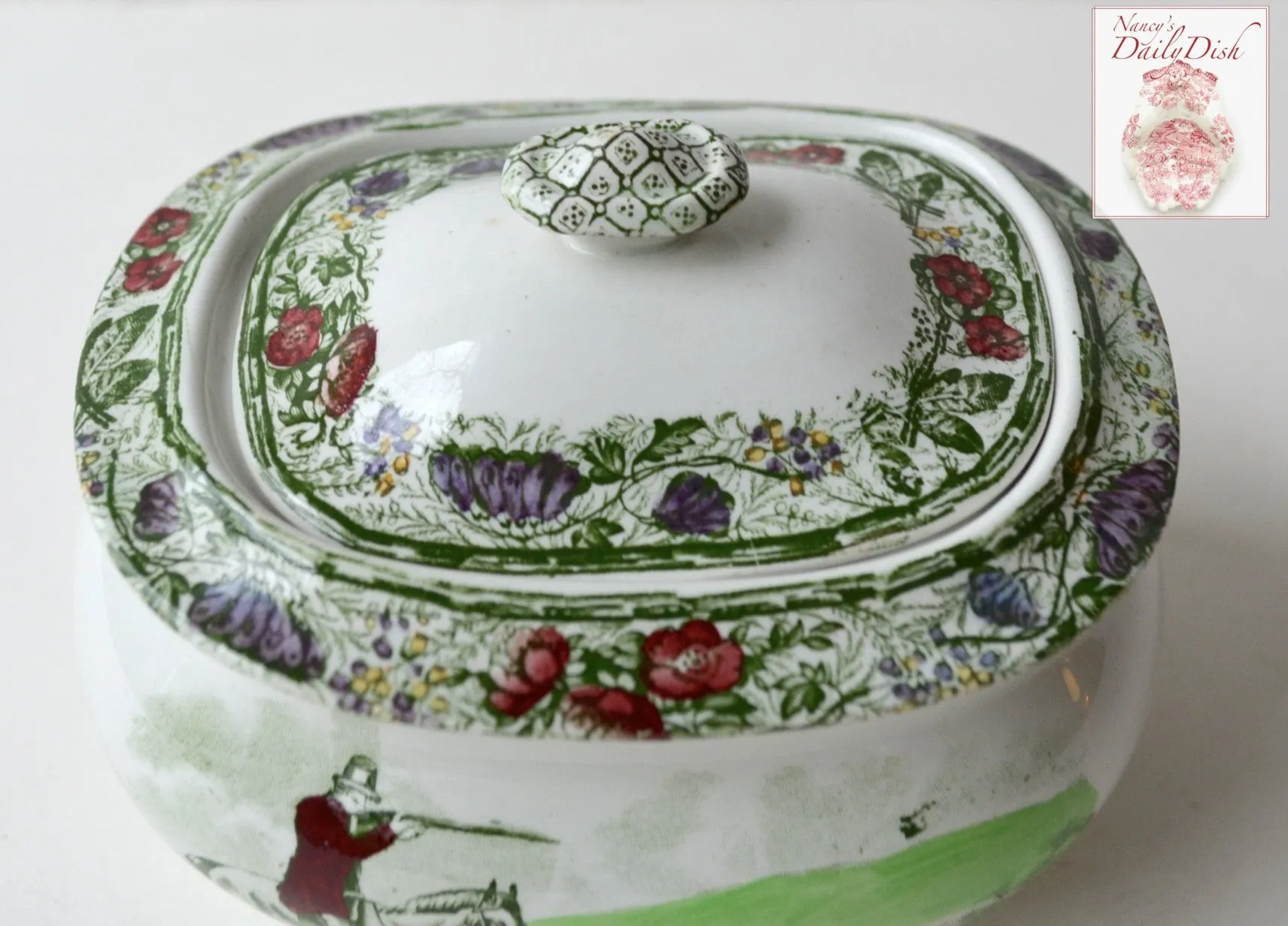 RARE Green Polychrome Transferware Teapot English Hunt Scene Spode Copeland Field Sports