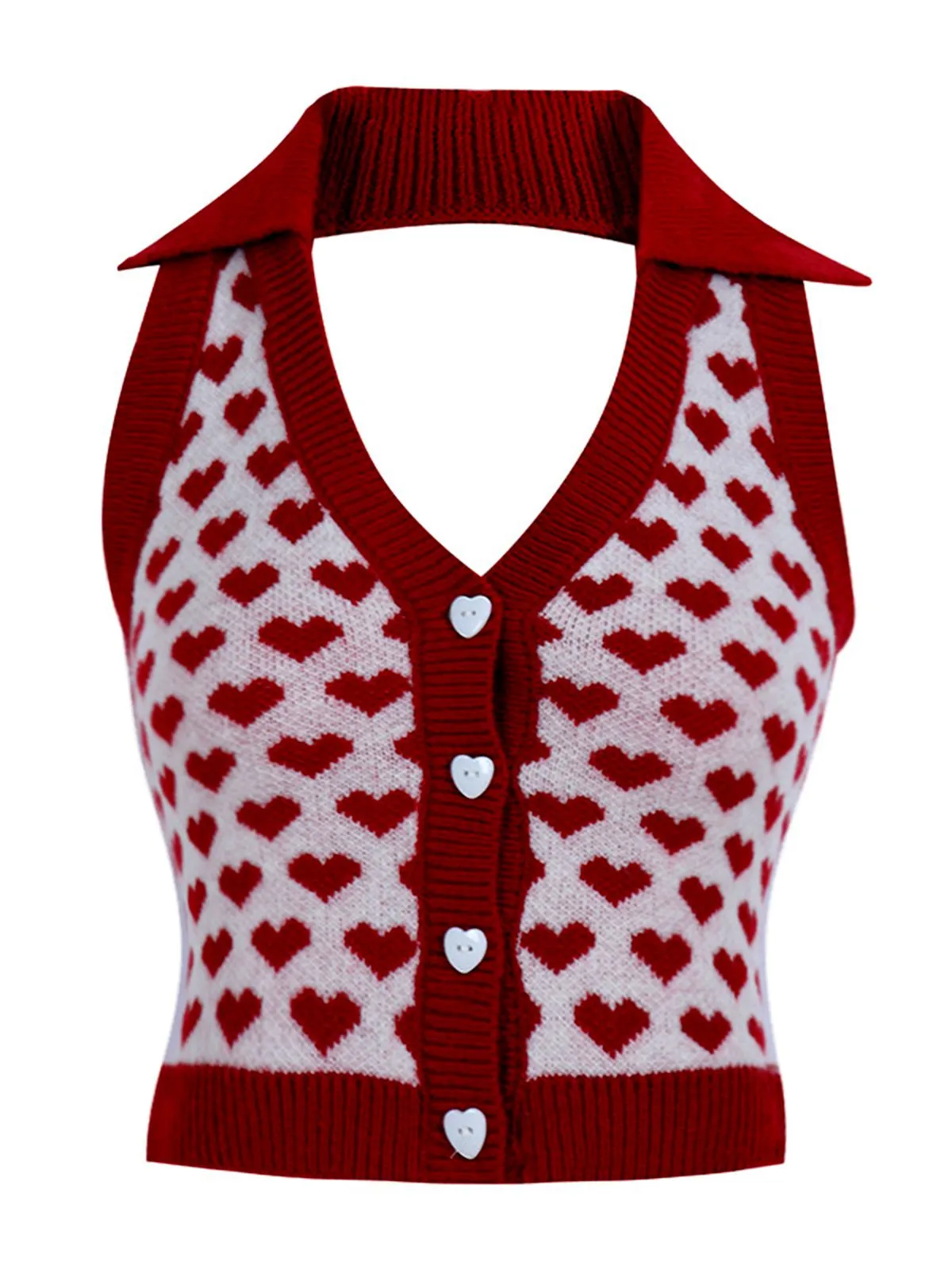 Red 1950s Knitting Heart Halter Button Tops