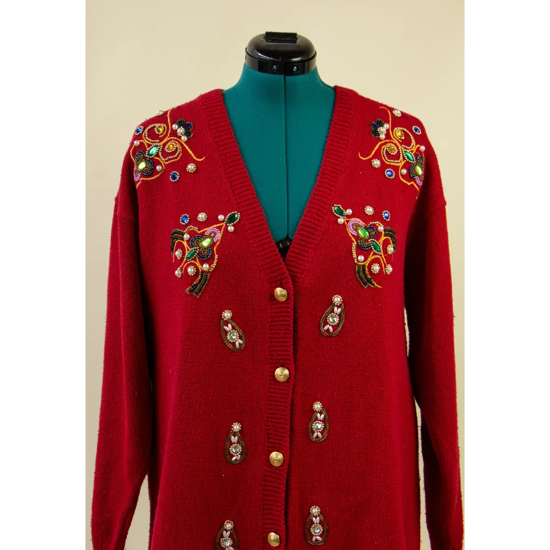 Red Beaded 80's Holiday Sweater