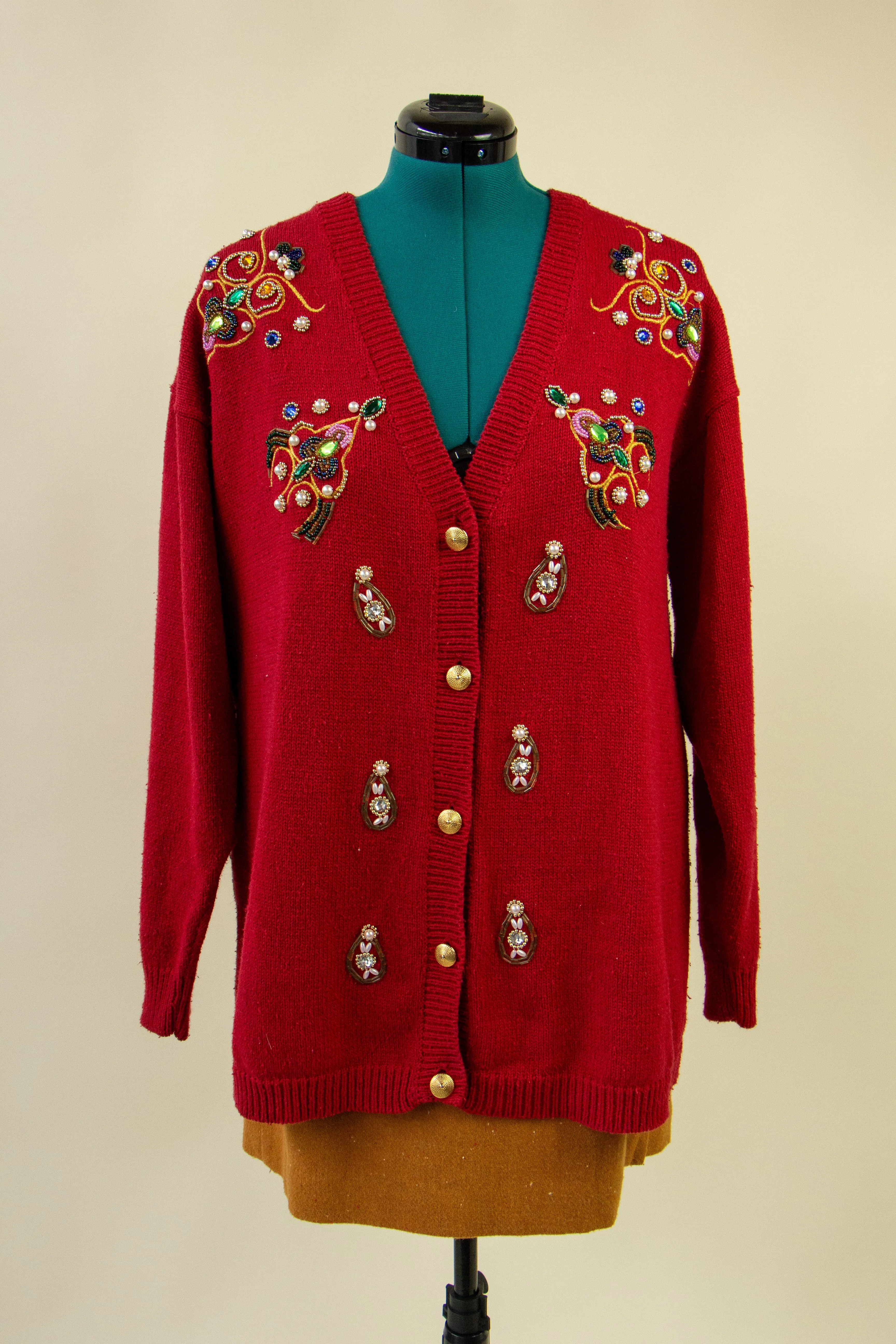 Red Beaded 80's Holiday Sweater