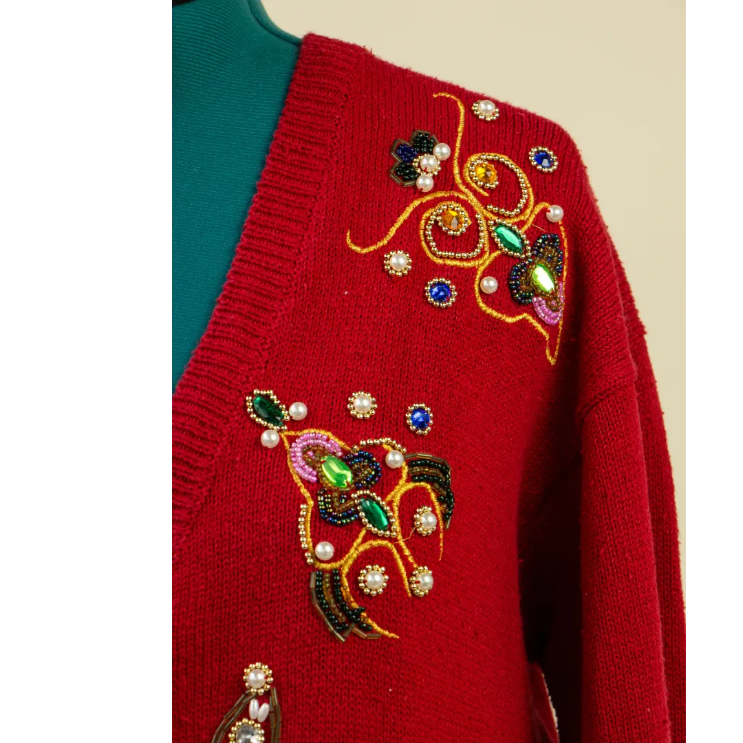 Red Beaded 80's Holiday Sweater