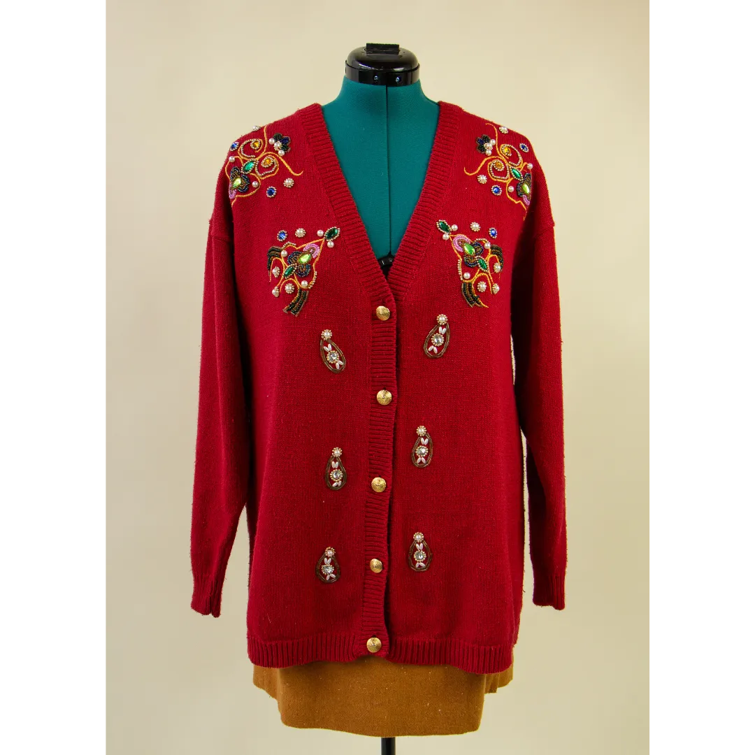 Red Beaded 80's Holiday Sweater