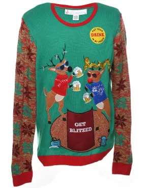 Reindeer Design Green Christmas Jumper - L