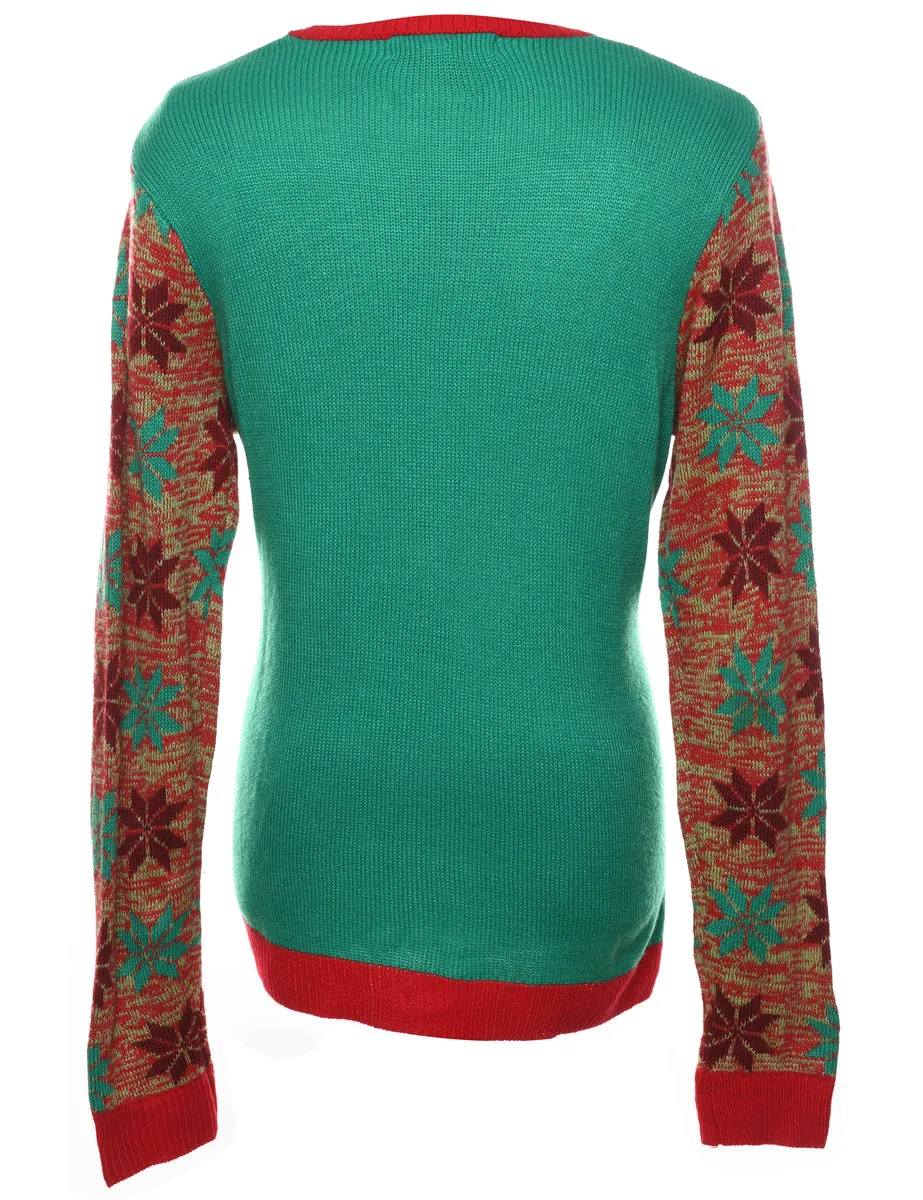 Reindeer Design Green Christmas Jumper - L