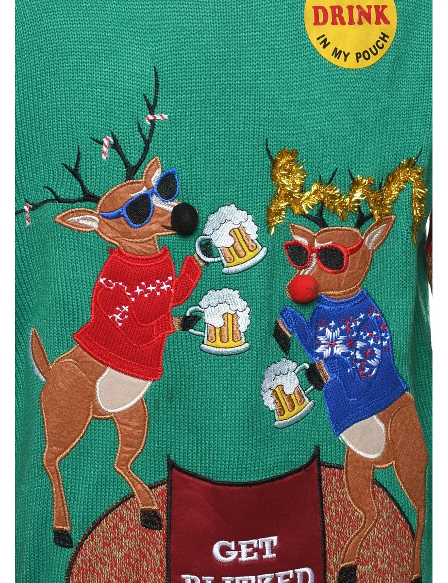 Reindeer Design Green Christmas Jumper - L