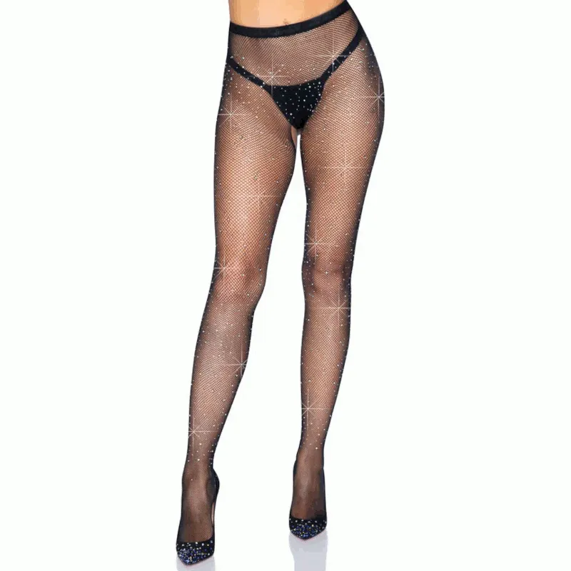 Rhinestone Open Crotch Fishnet Tights Black - Leg Avenue