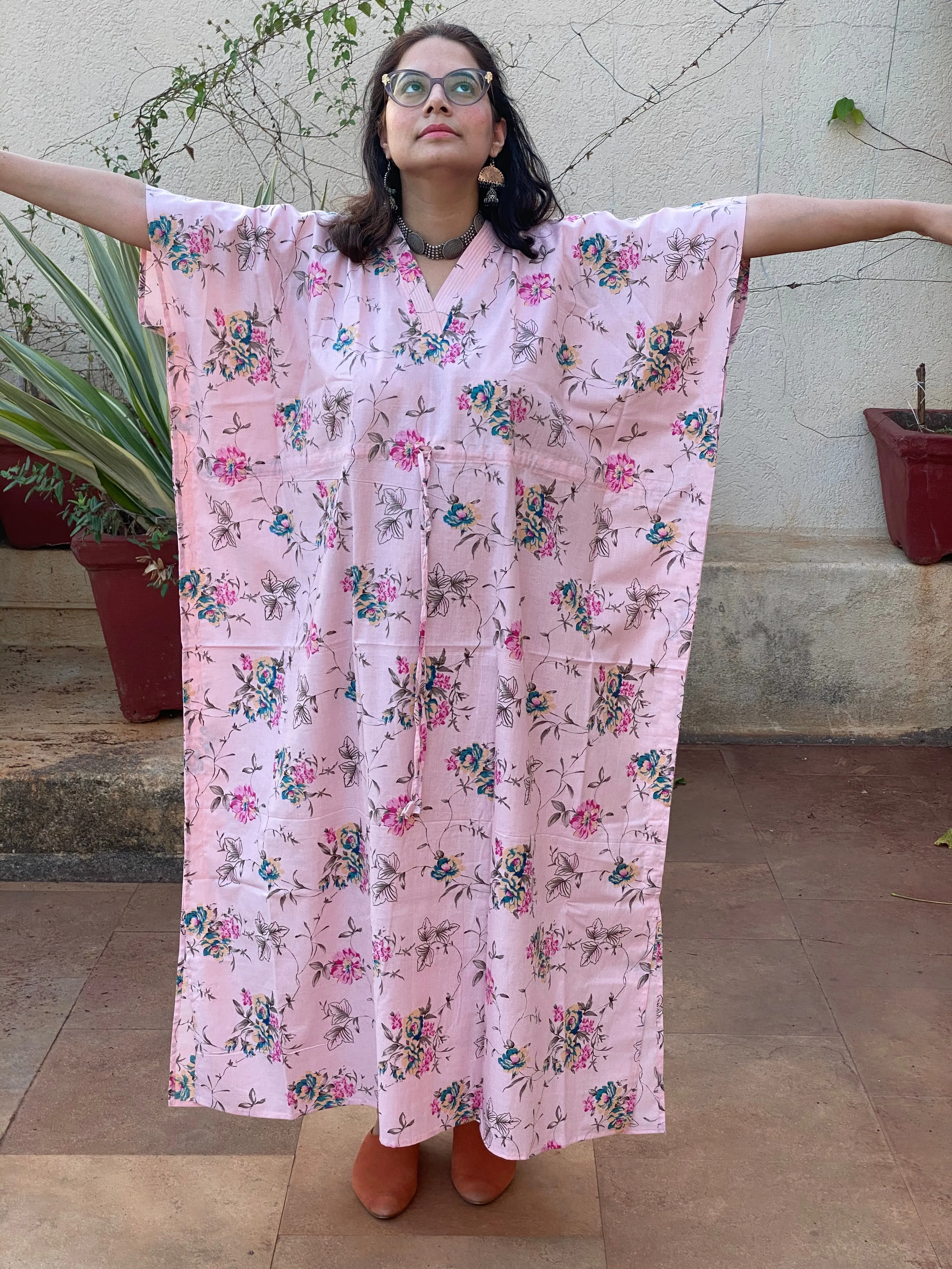 Romantic Floral V-Neck, Cinched Waist Ankle Length Caftan