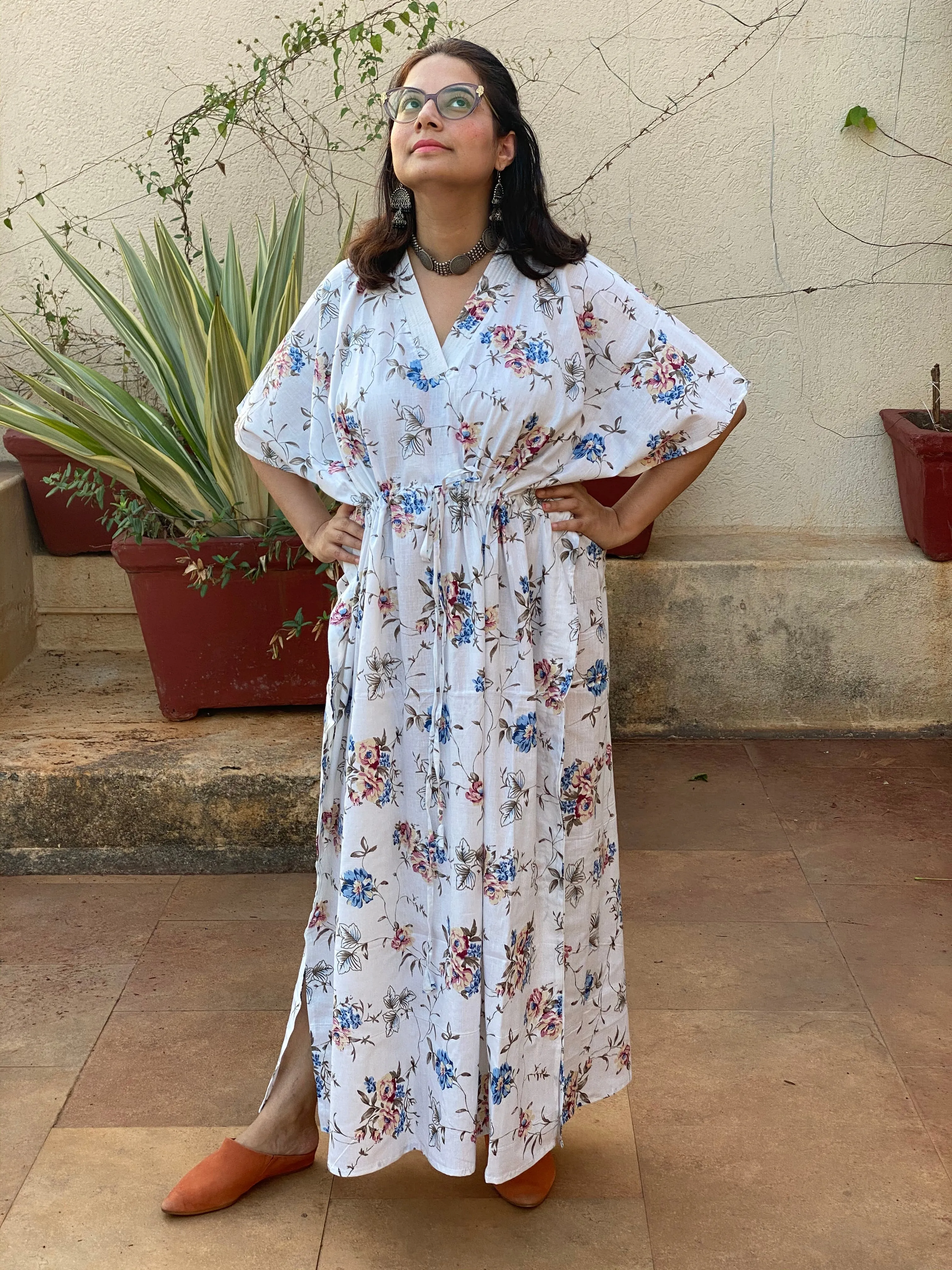 Romantic Floral V-Neck, Cinched Waist Ankle Length Caftan