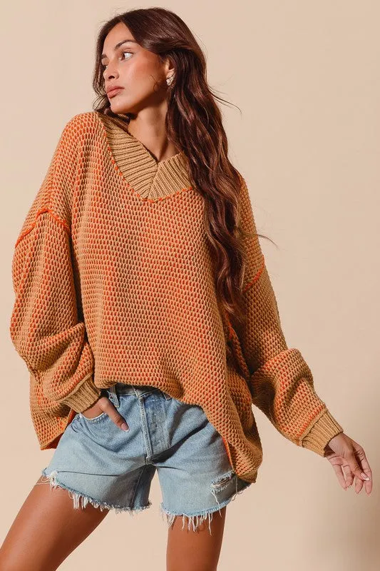 RUBY OVERSIZED TWO TONE TEXTURED V NECK SWEATER TOP S-XL