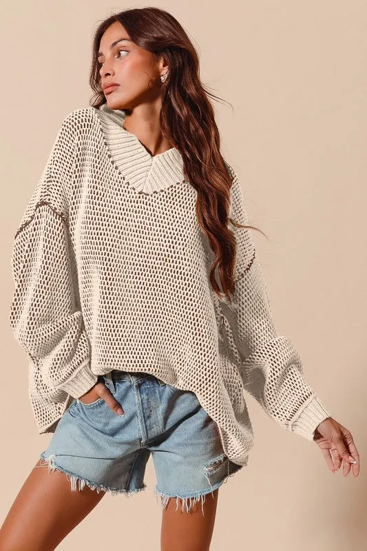 RUBY OVERSIZED TWO TONE TEXTURED V NECK SWEATER TOP S-XL