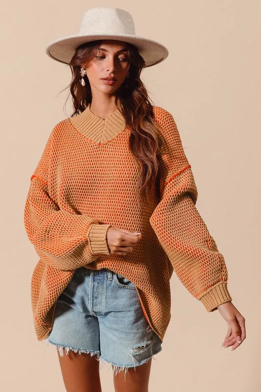 RUBY OVERSIZED TWO TONE TEXTURED V NECK SWEATER TOP S-XL