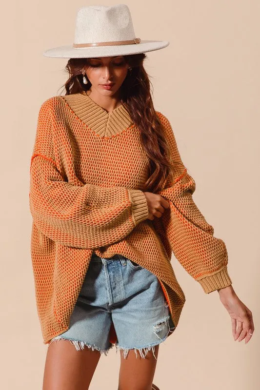 RUBY OVERSIZED TWO TONE TEXTURED V NECK SWEATER TOP S-XL