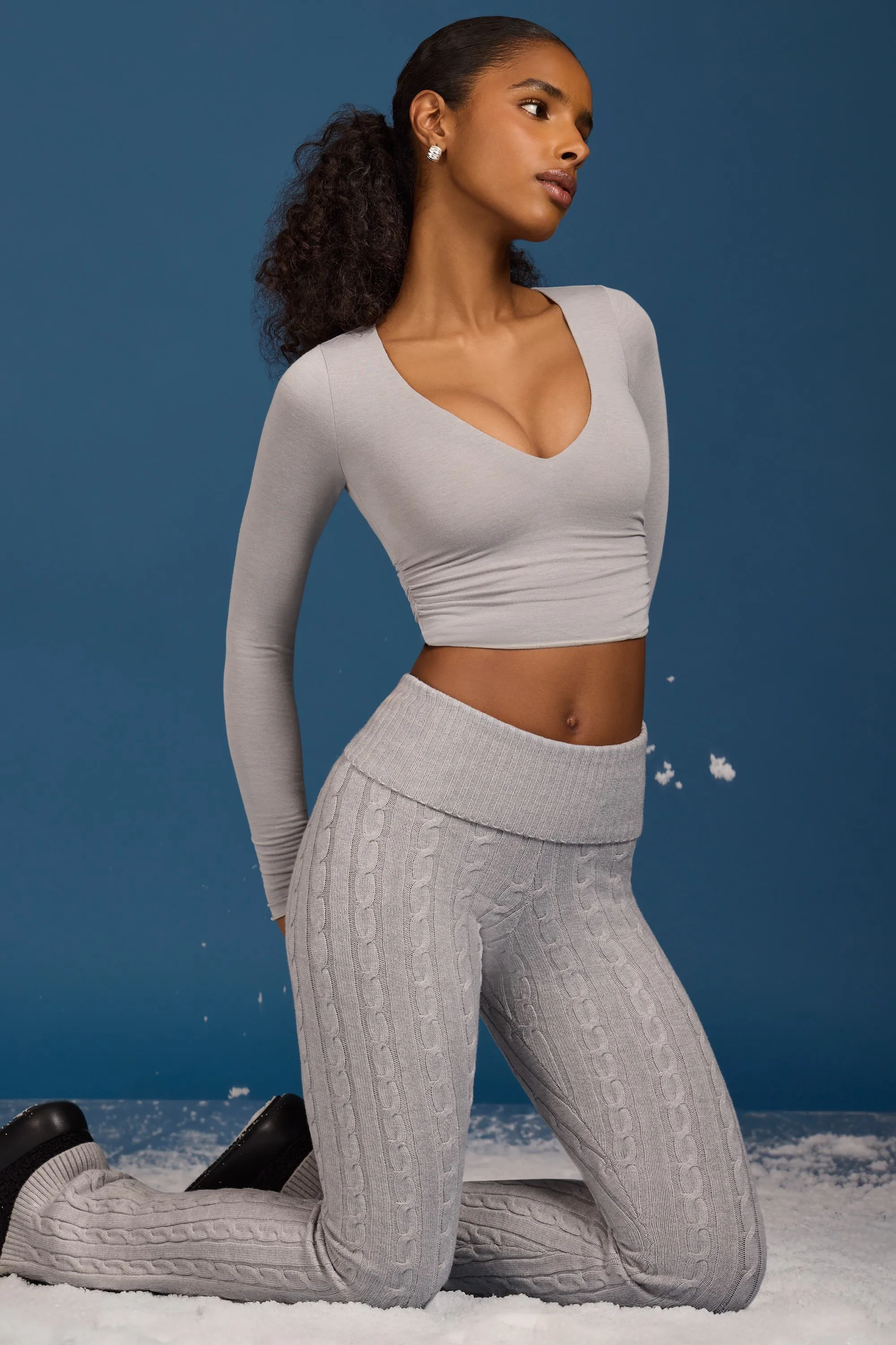 Ruched Long-Sleeve Crop Top in Grey