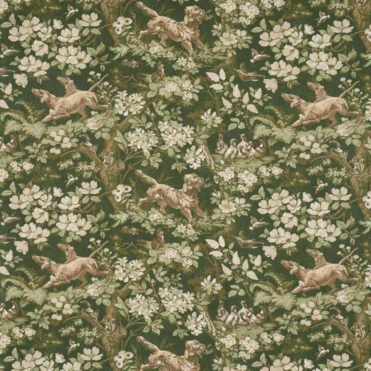 Schumacher Hound Meadow Fabric by the yard: Forest Green Hunting Toile