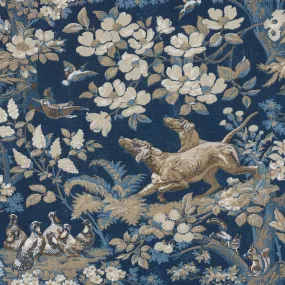 Schumacher Hound Meadow Fabric by the yard: Indigo Blue Hunting Toile