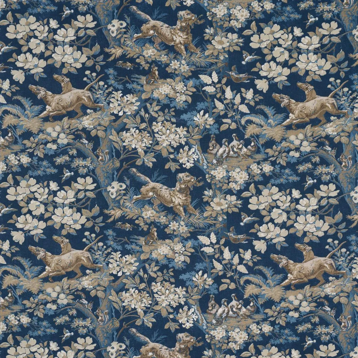 Schumacher Hound Meadow Fabric by the yard: Indigo Blue Hunting Toile