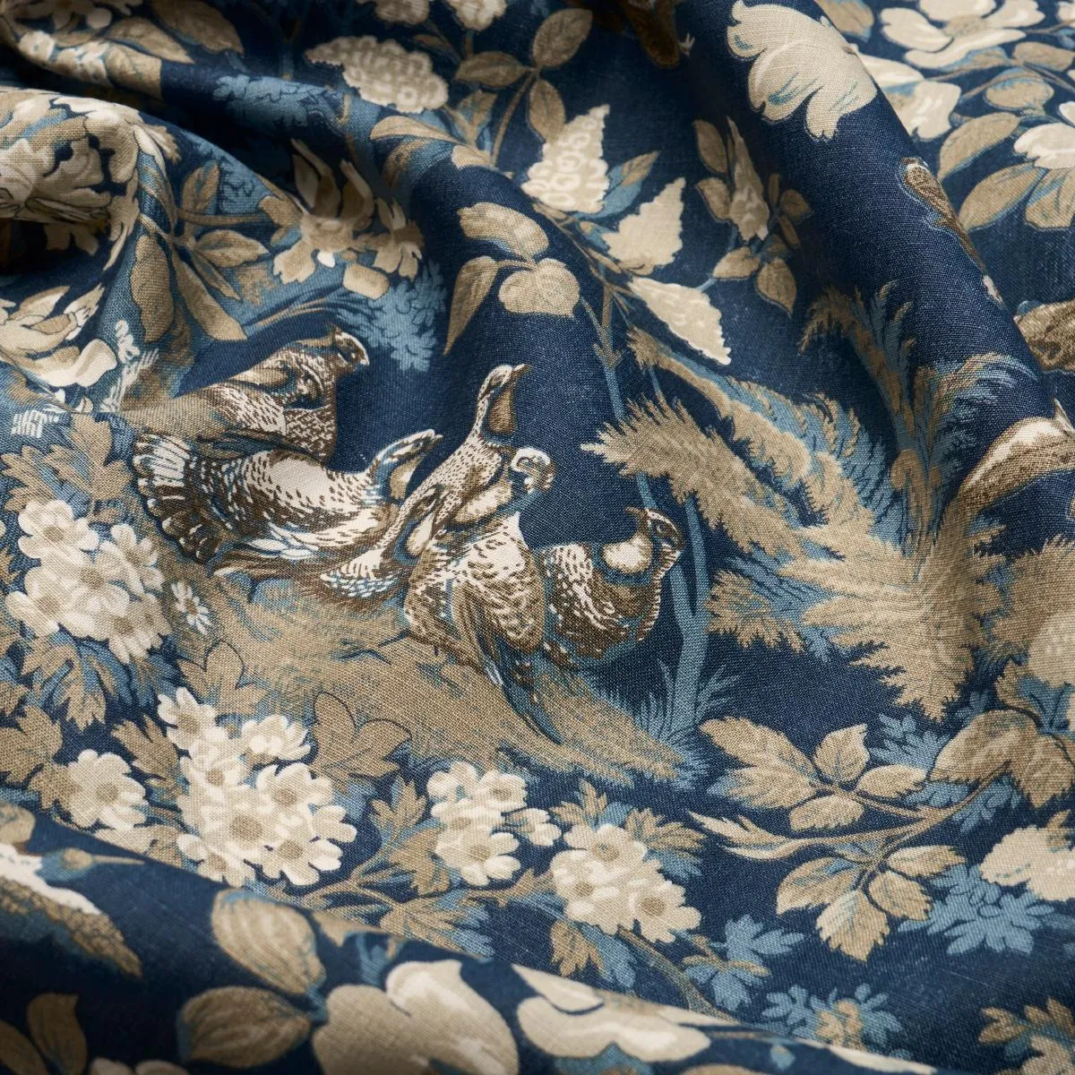 Schumacher Hound Meadow Fabric by the yard: Indigo Blue Hunting Toile