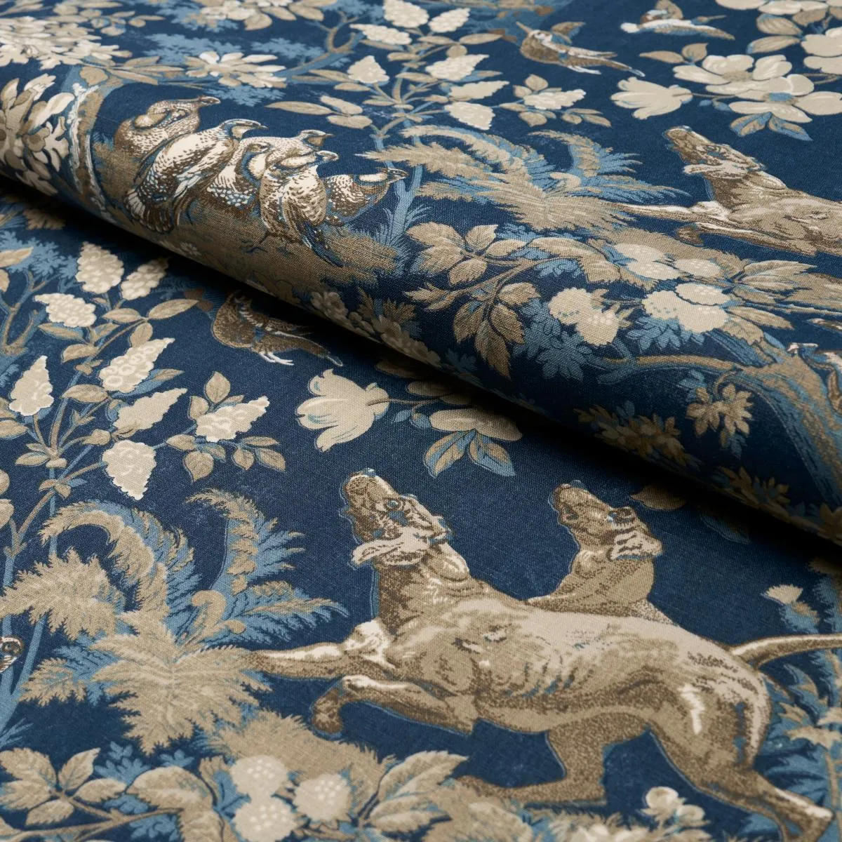 Schumacher Hound Meadow Fabric by the yard: Indigo Blue Hunting Toile