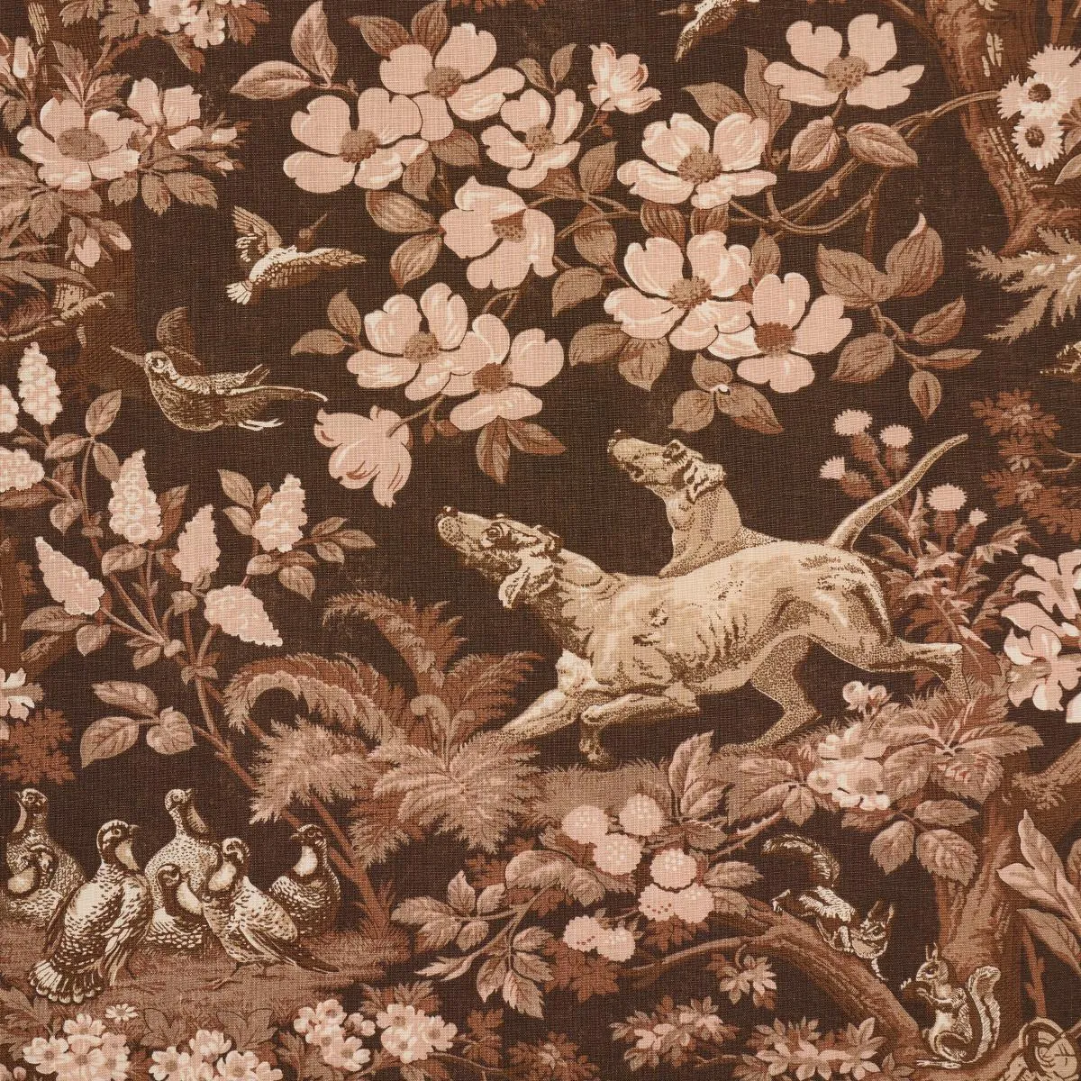 Schumacher Hound Meadow Fabric by the yard: Sepia Brown Hunting Toile