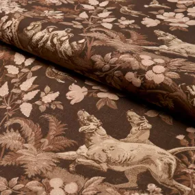 Schumacher Hound Meadow Fabric by the yard: Sepia Brown Hunting Toile