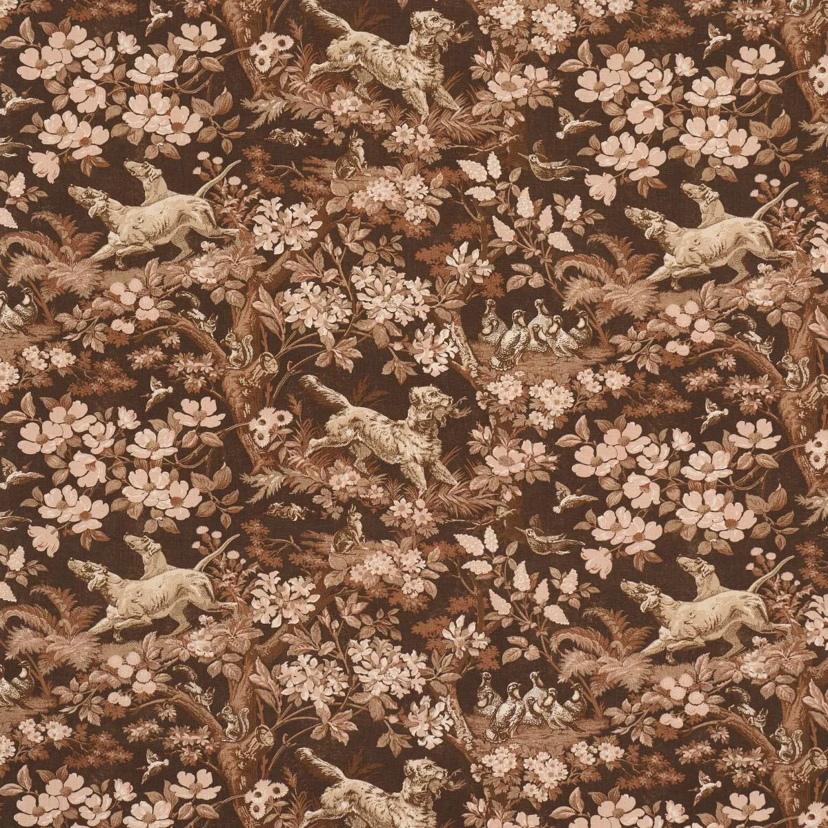 Schumacher Hound Meadow Fabric by the yard: Sepia Brown Hunting Toile