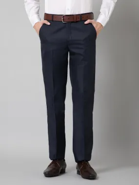 Solid Non Pleated Regular Fit Mid Rise Navy Blue Formal Trousers for Men