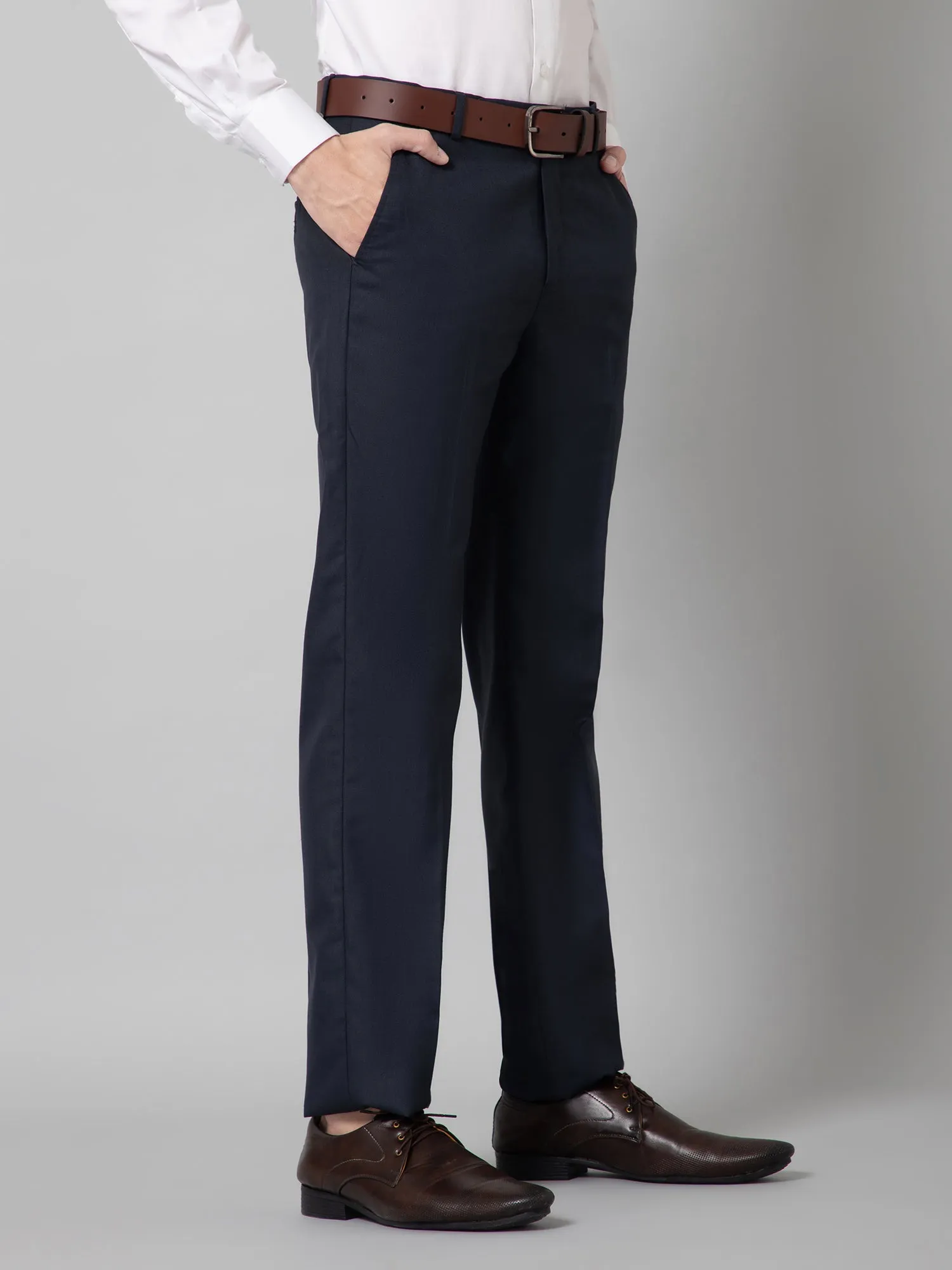 Solid Non Pleated Regular Fit Mid Rise Navy Blue Formal Trousers for Men