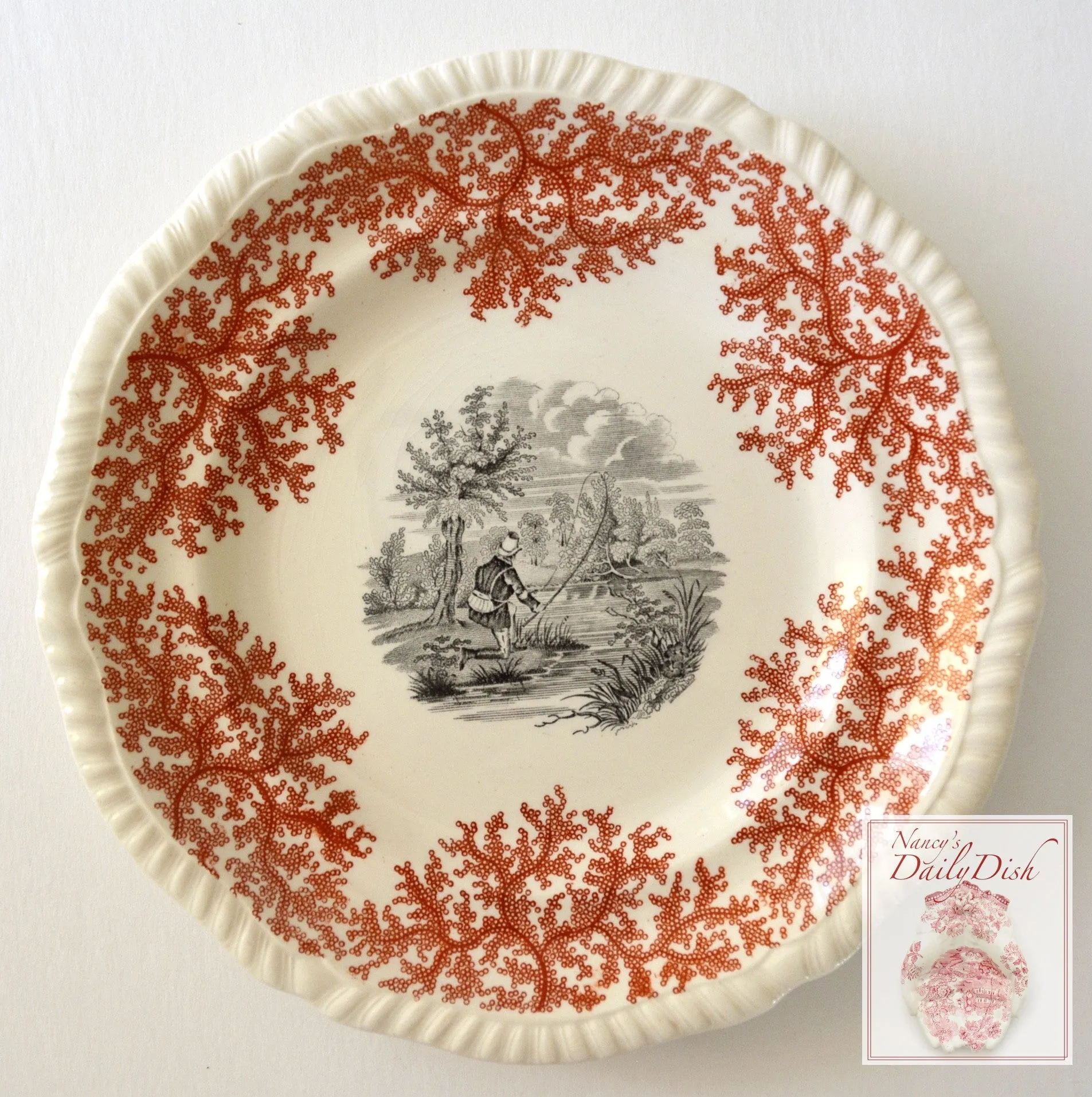 Spode Copeland Fly Fishing Plate Two Color Transferware Black & Brick Red