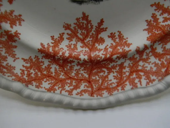 Spode Copeland Fly Fishing Plate Two Color Transferware Black & Brick Red