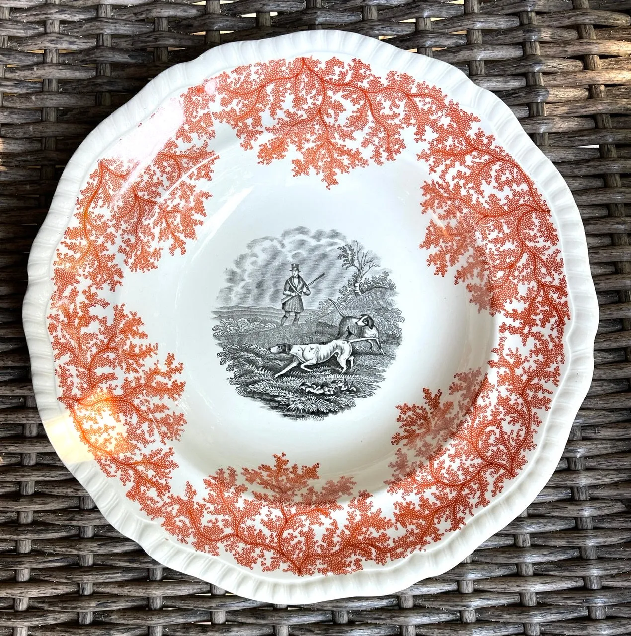 Spode Copeland Hunt Scene Soup Bowl Two Color Transferware Black & Brick Red English Fox Equestrian Decor