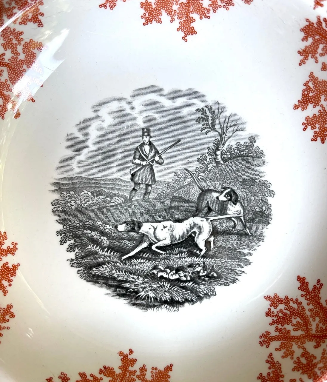 Spode Copeland Hunt Scene Soup Bowl Two Color Transferware Black & Brick Red English Fox Equestrian Decor