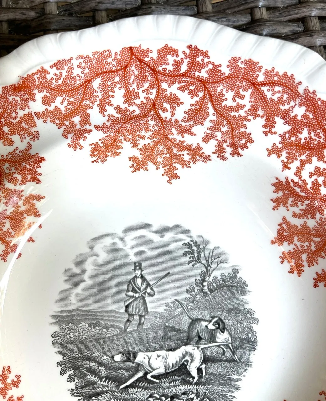 Spode Copeland Hunt Scene Soup Bowl Two Color Transferware Black & Brick Red English Fox Equestrian Decor