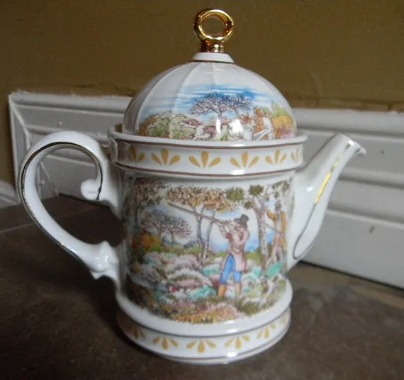 Staffordshire Equestrian Hunt Scene Teapot Polychrome  Brownish Rust Colored Transferware Hunting Fox Scene