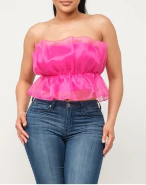 Strapless Mesh Tulle Tube Top - Fuchsia