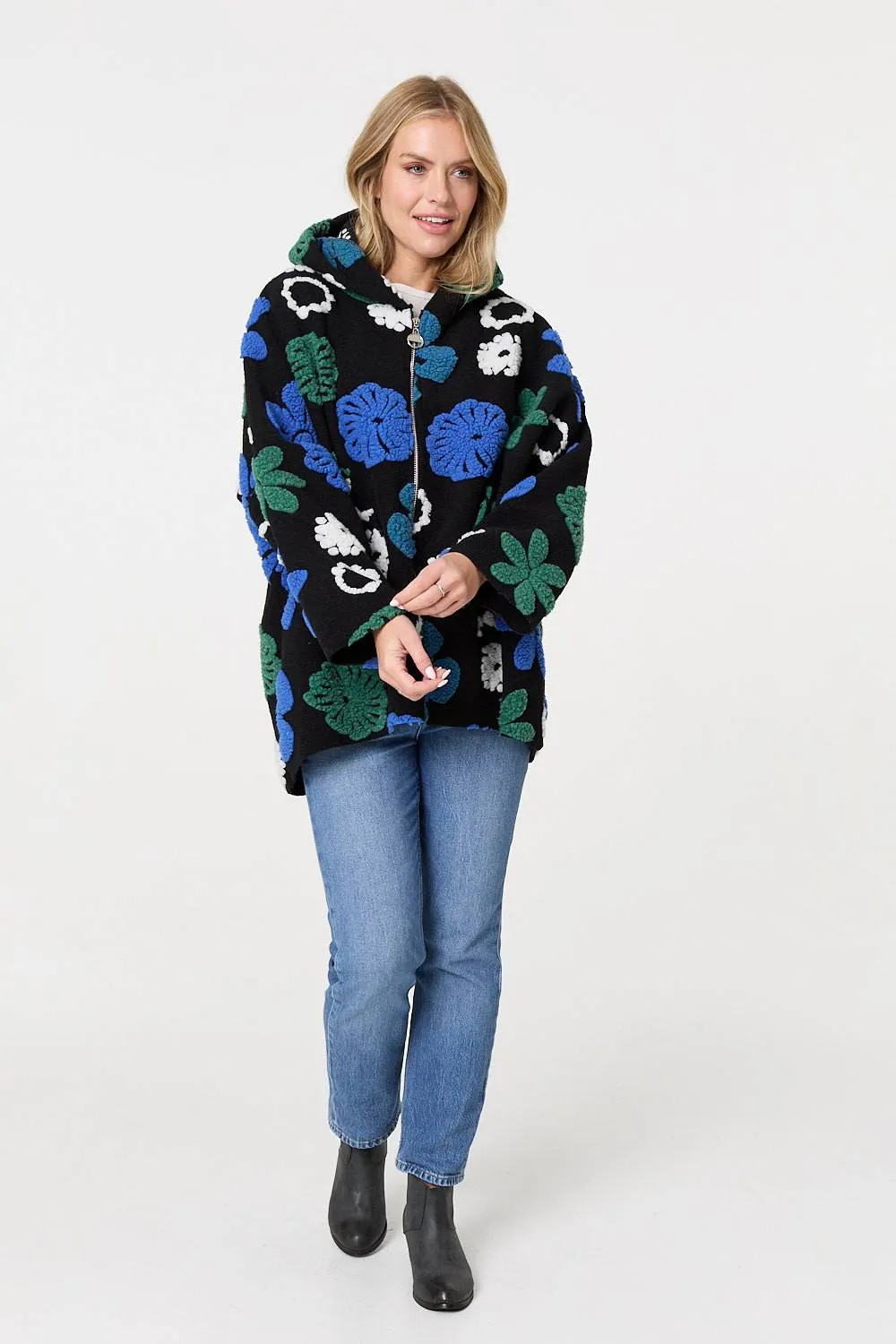 Textured Floral Longline Hoodie Coat