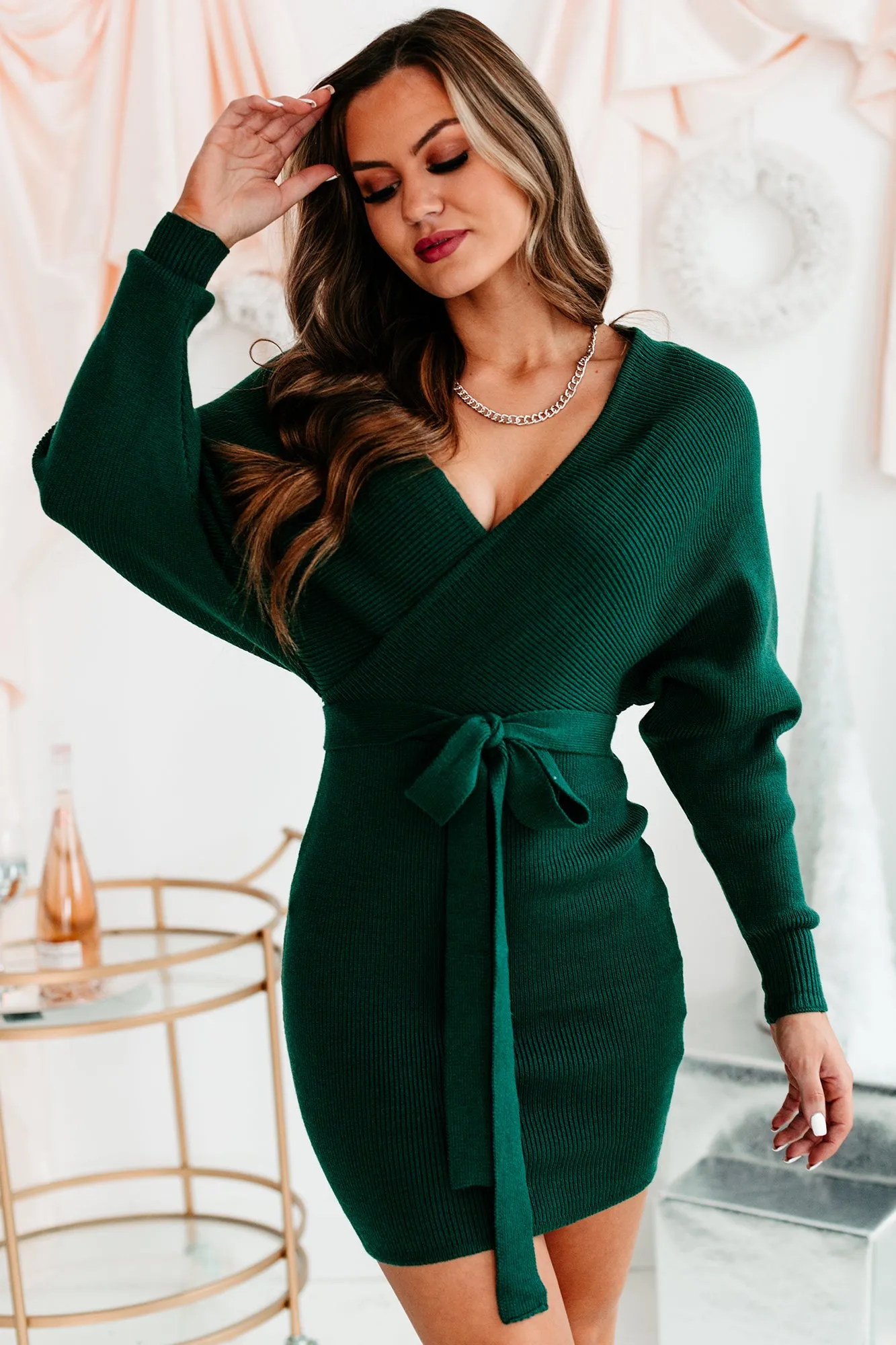 Treat Yourself Better Dolman Sleeve Sweater Dress (Forest Green)