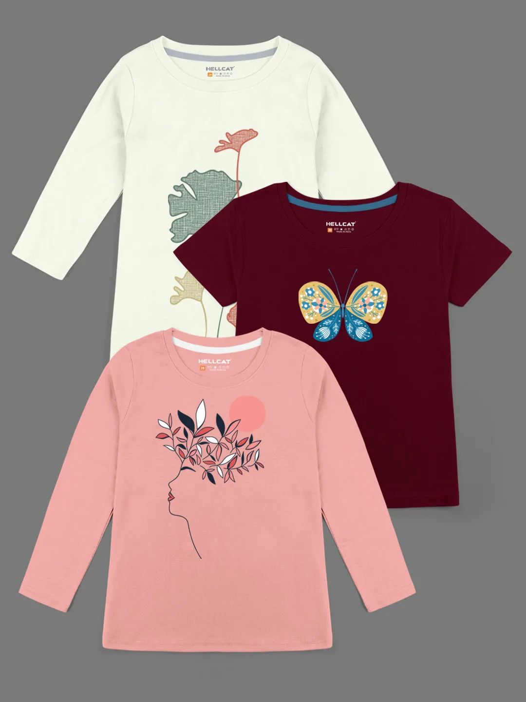 Trendy Printed Round Neck with Short Sleeve /Long Sleeve Multi colour Tshirts for Girls - Pack of 3