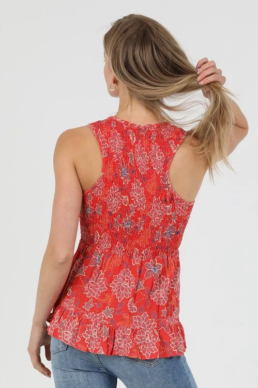 V-NECK FLORAL PRINT TANK TOP (RED)