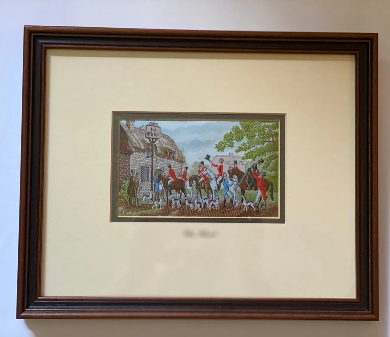 Vintage English Hunt Scene The Chase in Woven Silk - Dbl Matted & Framed