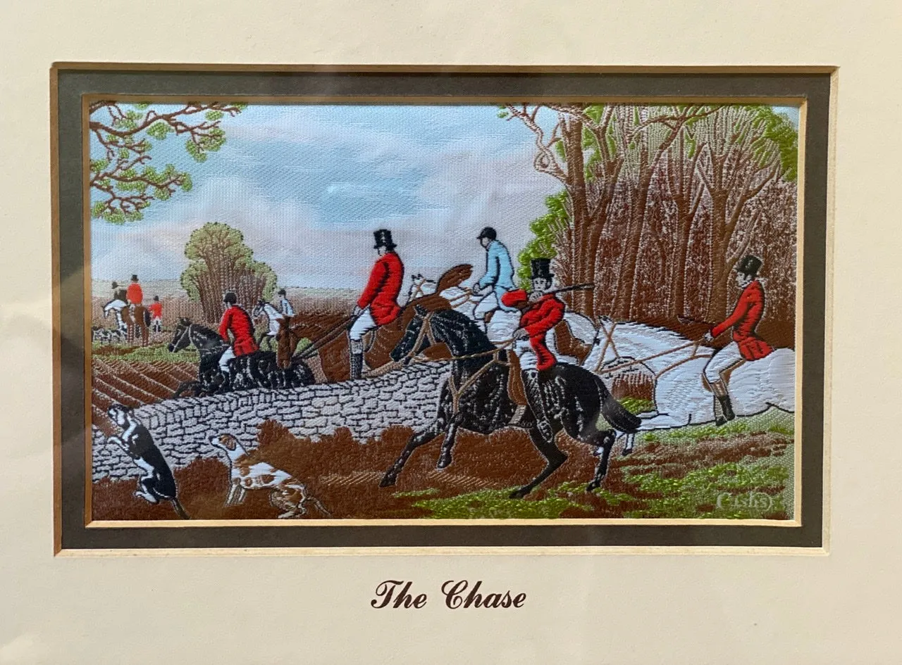 Vintage English Hunt Scene The Chase in Woven Silk - Dbl Matted & Framed