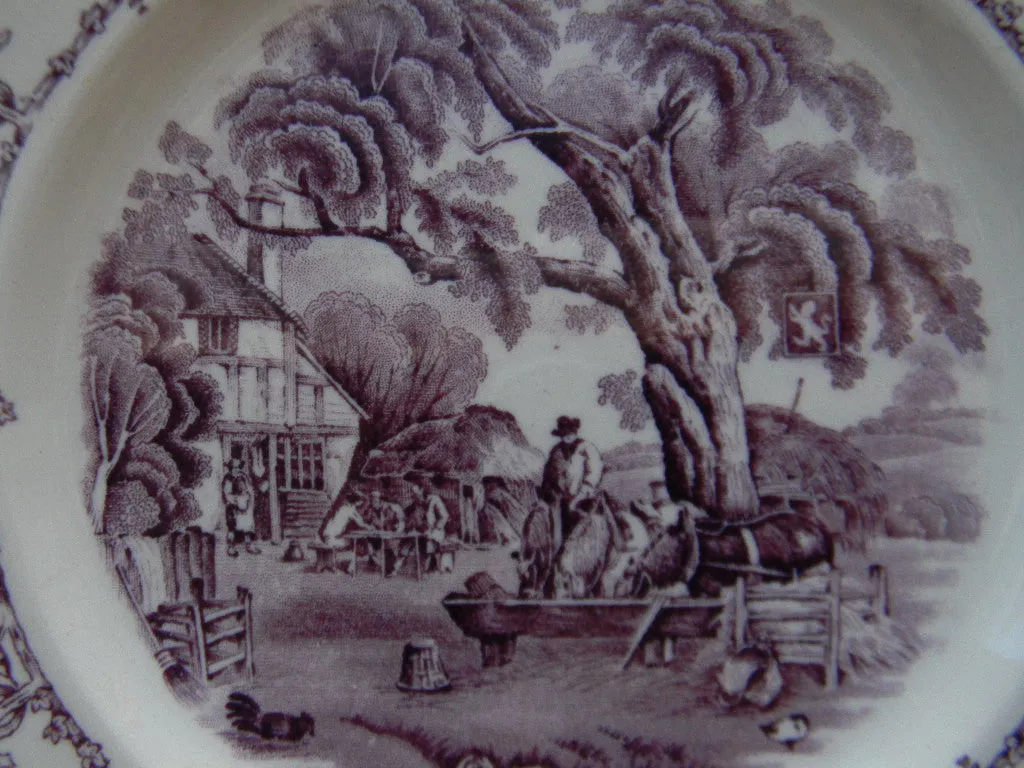 Vintage Purple Transferware 9” Plate Rural Scenes Hunter Ducks Stream Horses Tavern