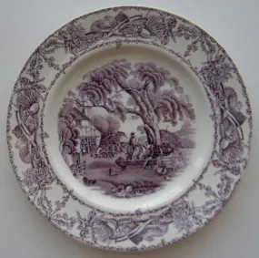 Vintage Purple Transferware 9” Plate Rural Scenes Hunter Ducks Stream Horses Tavern