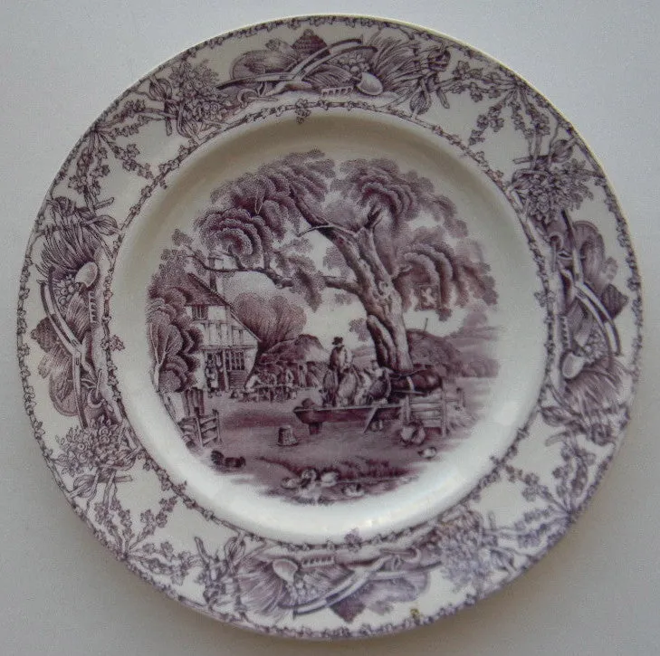 Vintage Purple Transferware 9” Plate Rural Scenes Hunter Ducks Stream Horses Tavern