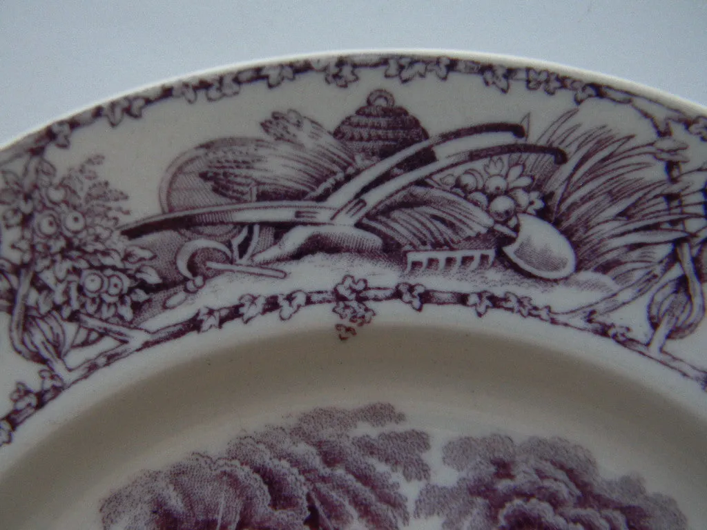 Vintage Purple Transferware 9” Plate Rural Scenes Hunter Ducks Stream Horses Tavern