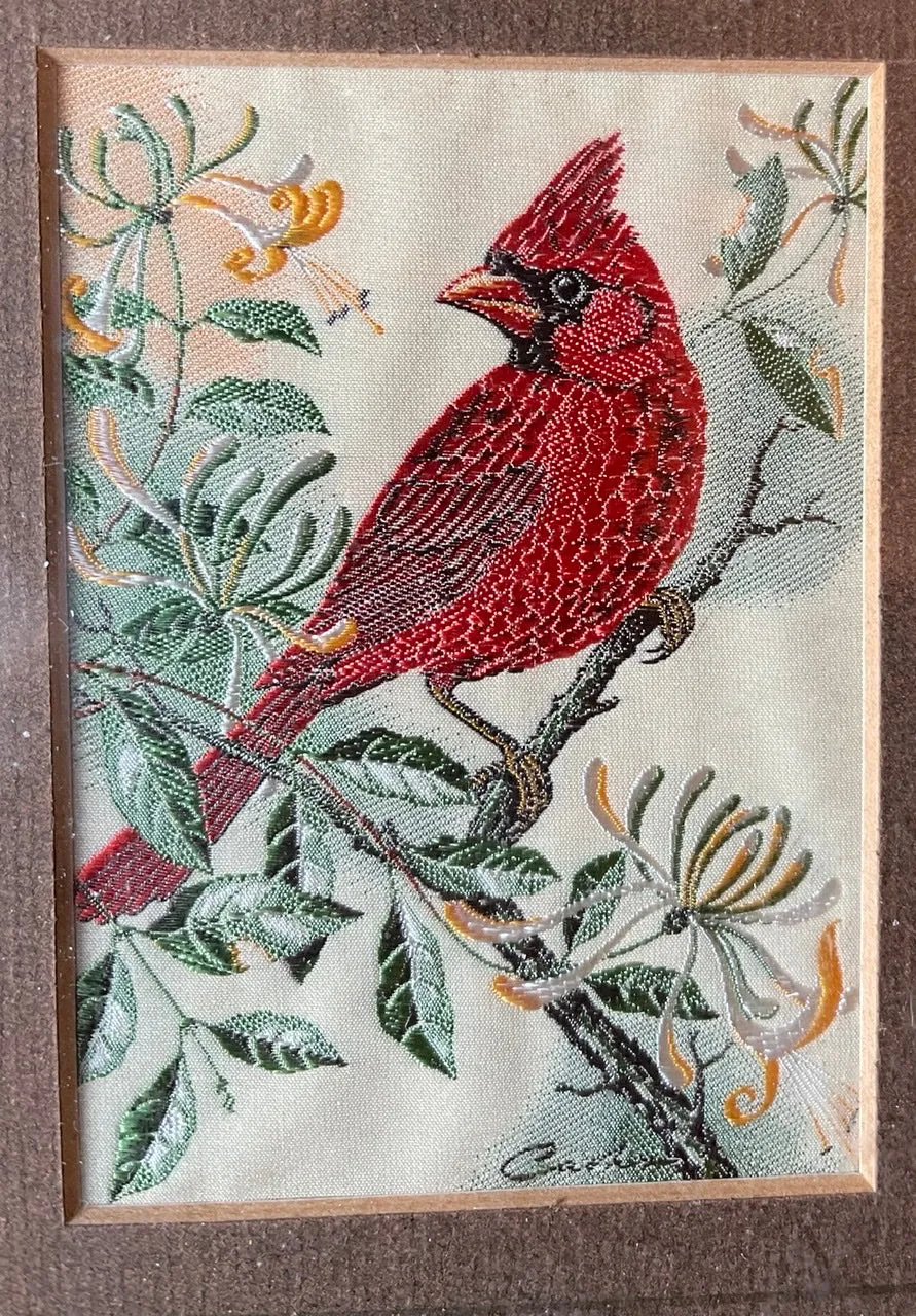 Vintage Red Cardinal in English Woven Silk - Matted & Framed